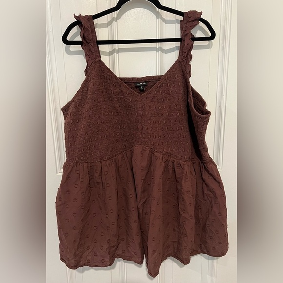 Torrid Chocolate Brown Smocked & Eyelet Babydoll Top in Size 5 or 28/30 - Picture 1 of 14